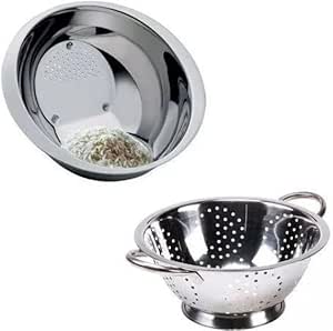 Kit Conjunto Escorredor De Massa e Macarrão 24cm com Alça em Inox + Lavador de Arroz 26cm em Inox