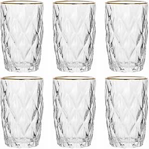 Jogo 6 Copos Diamond Borda Dourada Transparente 350ml