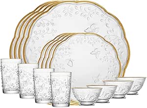 LYOR - Jogo de Jantar 16 peças New Butterfly em Cristal Ecológico com Fio de Ouro - Serve 4 Pessoas - 4 Pratos Rasos, 4 Pratos para Sobremesa, 4 Copos e 4 Bowls.