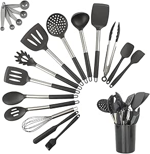 Kit 15 Utensílios De Cozinha Com Cabo De Inox e Silicone Premium (Preto)