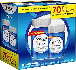 Centrum Homem, Multivitamínico Adulto, Suplemento Vitamínico com Vitamina B12, Vitamina D, Ferro e Zinco, Leve 90 Comprimidos e Pague 60