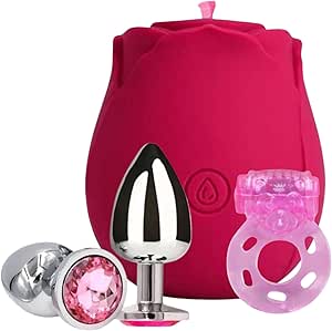 Kit Sexshop Presente de Namorada Flor Tipo Rosa com função de vibrador Sucção do clitoris Pulsação com Plug pedra Anal em tamanho P e Anel peniano com vibrador.