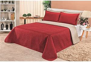 Cobre Leito Clara Casal Liso Dupla Face 3 Peças Matelado Ultrasônico Vermelho/Kaqui