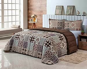 Coberdrom Colcha Cobre Leito Edredom Com Enchimento Para Cama de Casal Queen 400 Fios Dupla Face Jogo de Cama kit com 3 Peças (Xadrez Marrom)