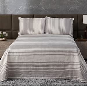 JOGO DE CAMA CASAL QUEEN COM COLCHA E PORTA TRAVESSEIRO CASA DONA (Bege e Branco)