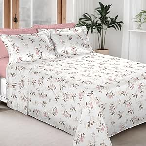 Jogo de Cama 100% Algodão 300 Fios Percal Lençol Antiácaro Respirável Toque Macio, 4 Peças - Bem Lunar (Rosa Floral, Solteiro)