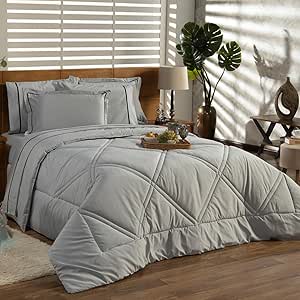 Kit Edredom Cobertor CASAL PADRÃO 03 Peças Liso Milano Dupla Face com Fronhas - Percal Algodão 200 Fios Toque Macio Cheio Grosso (Cinza)