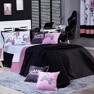 Kit Cobre Leito Colcha SOLTEIRO 05 Peças Game Streamer Dupla Face com Almofadas Estampadas - Jogo Conjunto Decoração Roupa de Cama Infantil Juvenil Gamer (Rosê)