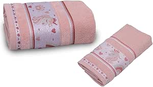 Kit 1 Toalha De Banho E 1 De Rosto Infantil Kids 100% Algodão 2pçs Jacquard Super Macia Menino Menina (Unicornio Rose)