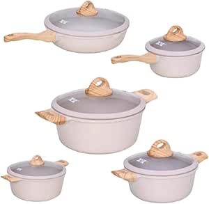 Jogo de 5 Panelas em Ceramica Acabamento Madeira, 5 Peças, Indução, Fogo, Eletrico com Tampa de Vidro. (Creme)