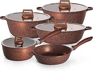 MODA DO CHEF Jogo de Panelas Antiaderente com Tampa em Vidro 5 Peças Graniflon Cobre com Frigideiras e Caçarolas Cozinha Moderna e Saudável