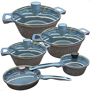 Jogo de Panelas Antiaderentes com Tampa de Vidro, 10 Peças, Fogão normal e Indução Design Texturizado (Azul)