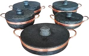 Conjunto de Panelas em Pedra Sabão, 5 Peças, com Alças em Cobre, Pré-Curadas