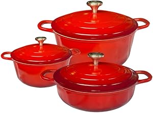 Conjunto de Panelas de Esmaltadas, 3 Peças, Panelas Holandesas, com Tampa para Forno, Aquecimento Uniforme, Panelas Assar Pão, Ensopados. Indução, Fogo e Elétrico (Vermelha)