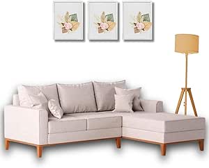 Sofá Beny com Chaise Direita, 2,00x1,40m, 3 Lugares, Linho, Base em Madeira. (Cru)