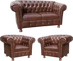 Conjunto Chesterfield Namoradeira + Poltronas Luiz XV Courino Marrom