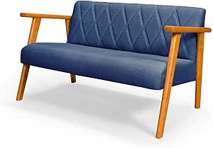 Poltrona Madri em Linho Braços em Madeira Super Resistente (Azul, Namoradeira 2 Lugares)