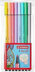 Caneta Hidrográfica Premium – STABILO Pen 68 – Estojo com 8 unidades – Em 8 cores pasteis