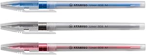 Caneta Esferográfica – STABILO Liner 808 – Pacote com 3 unidades – Azul, preto e vermelho
