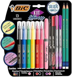 Kit Lettering BIC, c/ 6 Brush Pens + 1 Pincel Marcador Pastel Rosa + 2 Intensity Ponta Fina + 2 Intensiy Ponta Média + 2 Lápis Pretos, 971080, Multicor