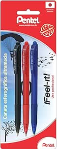 Kit com 3 Canetas Caneta Esferográfica Feel It 1 mm, Pentel, Preta/Vermelha/Azul