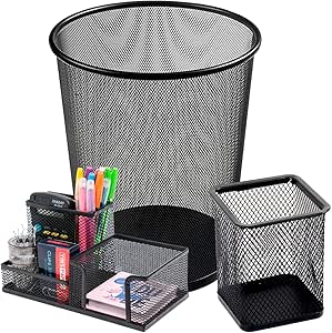 Porta Caneta E Lixeira de Metal Aramado Organizadores de Escritório Mesa Com Divisórias Para Clip Lápis Bloco de Notas Tesoura Borracha Kit 3 Peças Redondo Quadrado (Preto)
