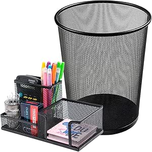 Kit Porta Caneta E Lixeira de Metal Aramado Organizadores de Escritório Mesa Com Divisórias Para Clip Lápis Bloco de Notas Tesoura Borracha (Preto)