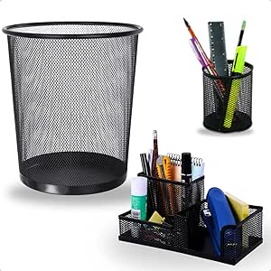 Kit Organizador de Escritório 3 Peças – Lixeira Aramada, Porta-Canetas e Porta-Trecos Preto Fosco – Ideal para Home Office, Mesa de Trabalho e Decoração Moderna