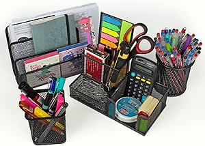 Kit 4 Organizadores de Mesa Metal Escritorio Porta Treco Organizador Canetas Lápis Bloco de Notas Carta Clipes Escolar (Preto)