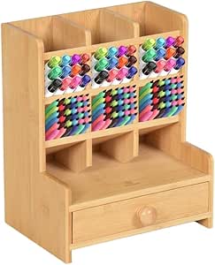 Organizador de Suprimentos Porta Objetos Canetas/Utensilios em Bambu p/Mesa com 12 Compartimentos, Heimon (Natural)